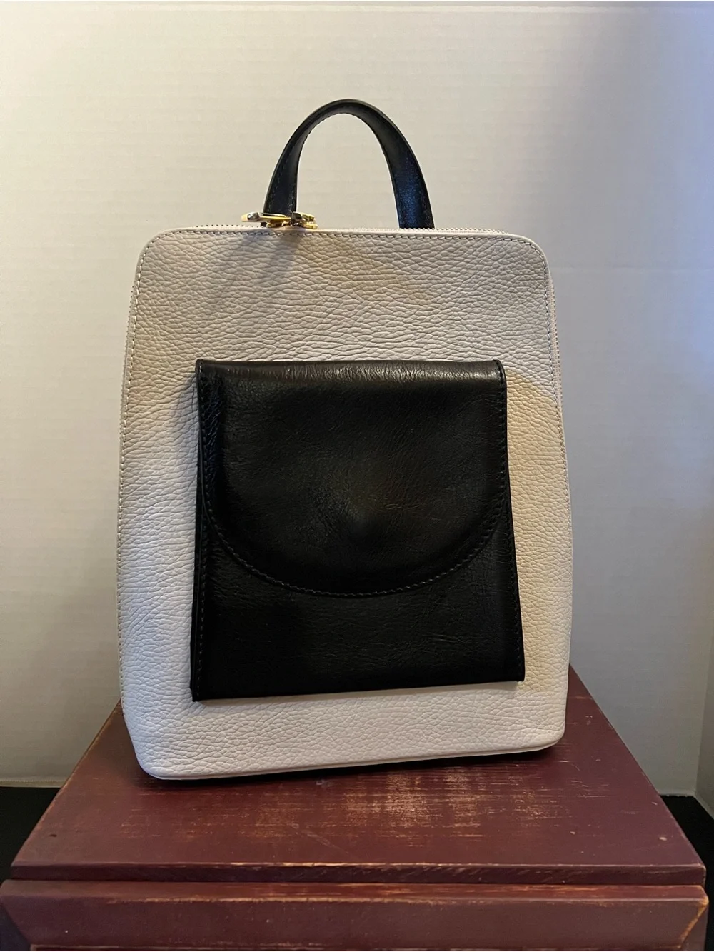 Two-Tone Black and Cream Leather Women's Backpack